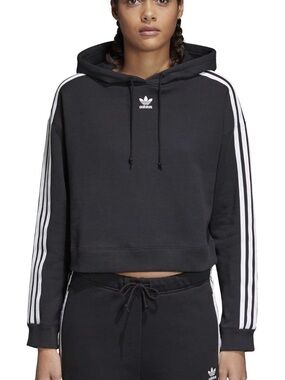 adidas Black Cropped Hoodie with White Sleeve Stripes